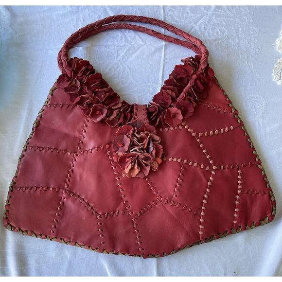 Wabags Handbags - Wabags Genuine Leather Appliqué Flower Tote Handbag Red 3 D Design Shoulder Bag